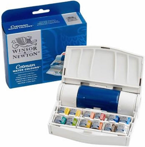 Winsor & Newton Cotman Watercolor Paint Set, Field Travel Set, 12 Half Pan w/ Brush, Mixing Palette, Bottle...