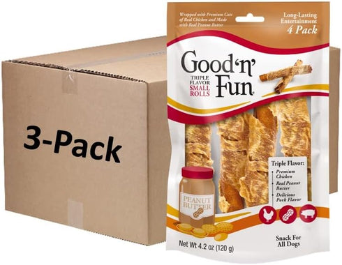 Good ’n’ Fun Triple Flavor Small Rolls with Peanut Butter, Chews with Rawhide for Dogs Made with Chicken, Peanut Butter and Pork Flavor, 12 Count ...