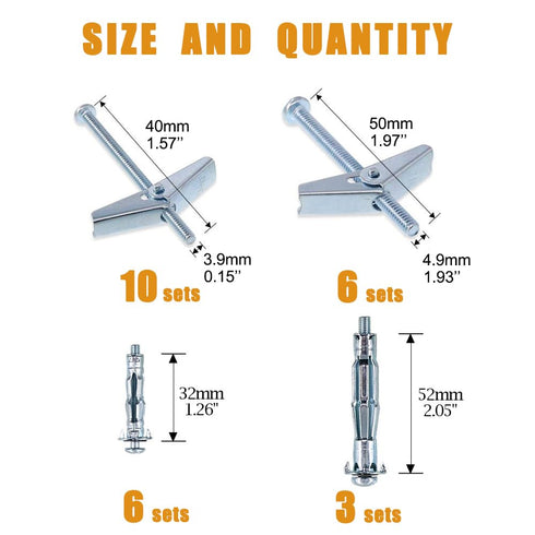 25Sets Toggle Bolt and Molly Bolt, Wing Nut Kit, Assorted Heavy Duty Wall Anchors Assortment Kit, Zinc Plated Steel Hollow Drive Wall Anchor kit f...