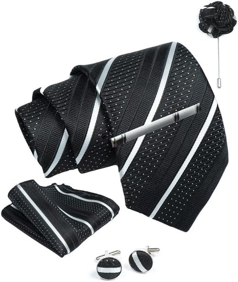 Black White Striped Ties For Men – Tie Set With Pocket Square Cufflinks Tie Clip Bar & Flower Brooch Pin For Mens (Pack of 5) (AXTS50)...