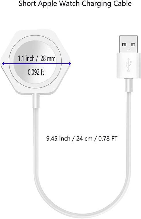 Short Watch Charger Compatible with Apple Watch Charger, USB A Cord Wireless Charging Compatible for iWatch 9/8/7/6/SE/5/4/3/2 (0.78ft/9.45inch/24...