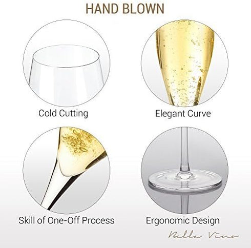 Bella Vino Hand Blown Crystal Champagne Flutes - Bella Vino Standard Champagne Glasses Made from Premium Crystal Glass, Great Gift, 10.5", Clear, ...