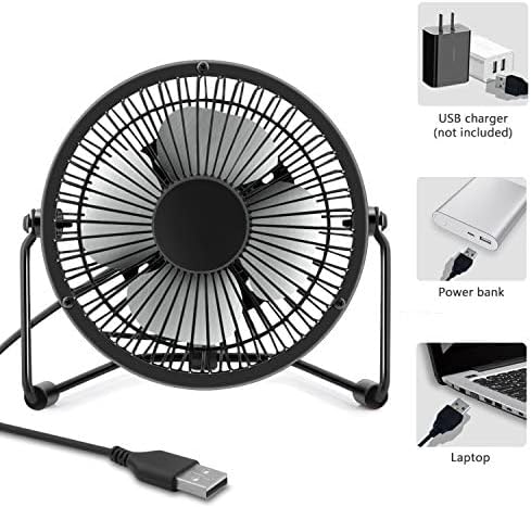 xasla 4 Inch Small USB Desk Fan, Mini Quiet Fan with Metal Construction & Strong Airflow & 360°Adjustable Tilt Angle, Personal Cooling Fan for Des...