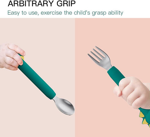 Baby Forks and Spoons Set Baby Training Utensils Self Feeding Toddler Silverware Silicone and Stainless Steel Kids and Toddler Utensil (Green Dino...