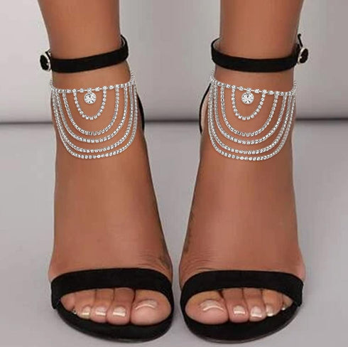 ELABEST Boho Rhinestone Ankle Bracelets 2pcs Crystal Tassel Anklet Layered Ankle Bracelets High-heeled Tennis Foot Chain Wedding Jewelry Accessori...