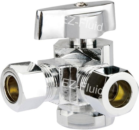 EZ-Fluid 1/2" Fip X 3/8"Comp X 3/8"Comp 1/4 Turn Dual Outlets Heavy Duty Chrome Brass Angle Stop Valve Water Shut Off Ball Valve (1)...