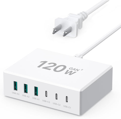 USB C Charger 120W GaN?Multiple USB Charger?3USB-C + 3USB-A? PD Charger, 6 Port USB C Charging Station Compatible with iPhone/Samsung/Google/Table...