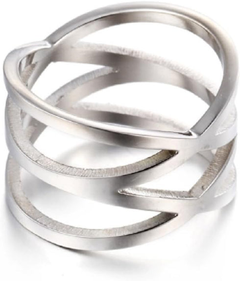 Womens Silver Stainless Steel Double X Criss Cross Ring Engagement Wedding Lady Girls Fashion Party Cocktail Rings Wide Band (11)...