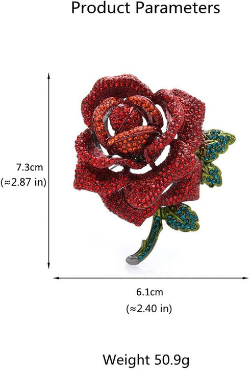 Rhinestone Rose Flower Brooch Pin for Women Men Fashion Red Green Crystal Big Leaf Brooch Lapel Pins Elegant Dress Accessories Jewelry Boutonniere...