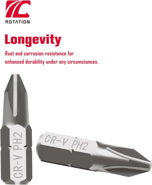 ROTATION 30-Piece Phillips #2 Bit Set PH2, Impact Grade, 1/4-inch Hex Shank, Chrome Vanadium Steel...