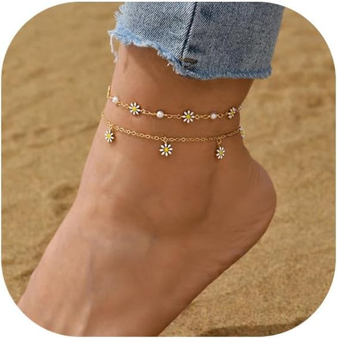 Bohemian Daisy Flowers Anklet for Women,Adjustable Layered Beach Foot Chain Pearl Ankle Bracelets Dainty Foot Jewelry Gifts...