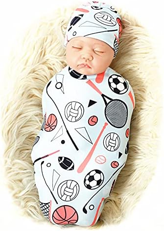 Galabloomer Newborn Swaddle Blanket with Beanie Set Baby Boy Receiving Blanket Sports Ball...