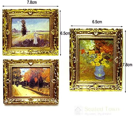 3Pcs 1:12 Mini Miniature Gold Frame Art Wall Picture Oil Painting Home Decor...
