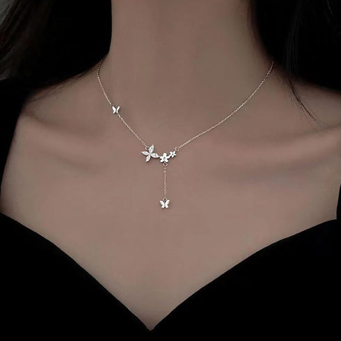 Crystal Butterfly Choker Necklace Rhinestone Butterfly Pendant Necklace Silver Butterfly Y Lariat Necklace Vintage Flower Chain Necklace Jewelry f...