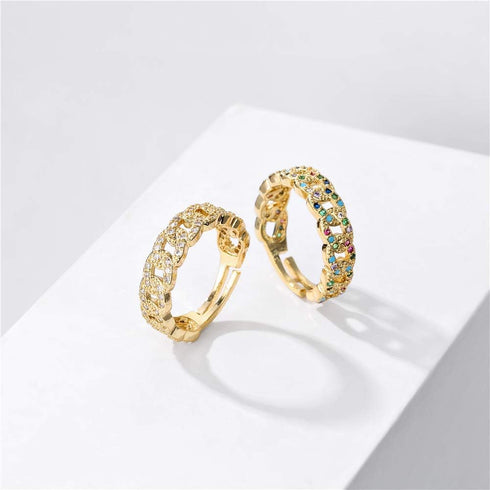 14K Gold Plated Women Open Ring 6mm Wide Band Cuban Link Chain Wedding Ring Cubic Zirconia Engagement Jewelry...
