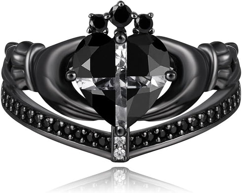 Women's Irish Claddagh Ring - 925 Sterling Silver Black Cross Heart Shape Cubic Zirconia 7 Ring Engagement Wedding Love Crown Ring Timeless Classi...