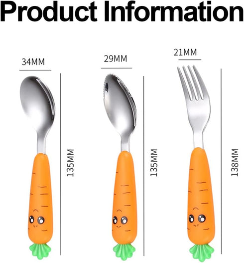 Travel Cutlery Set Baby, 3 PCS Toddler Utensils, Kids Spoon And Fork Self-Feeding, Carrot Child Flatware Sets, Stainless Steel Fun Baby Silverware...