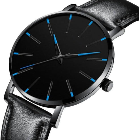 Mens Watches Minimalist Black Business Simple Casual Leather Quartz Watches for Men Blue Pointer...