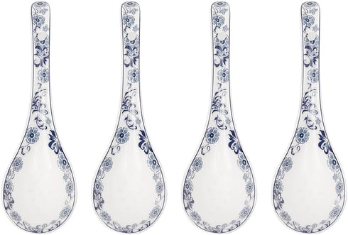 6.75-inch Navy Blue Floral Soup Spoon Set of 4, Porcelain...