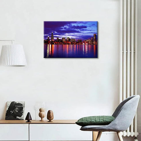 Chicago Cityscape at Night Wall Art Painting on Canvas Michigan Lake Bedroom Wall Art Modern Urban Building Panorama House Decorations for Living ...