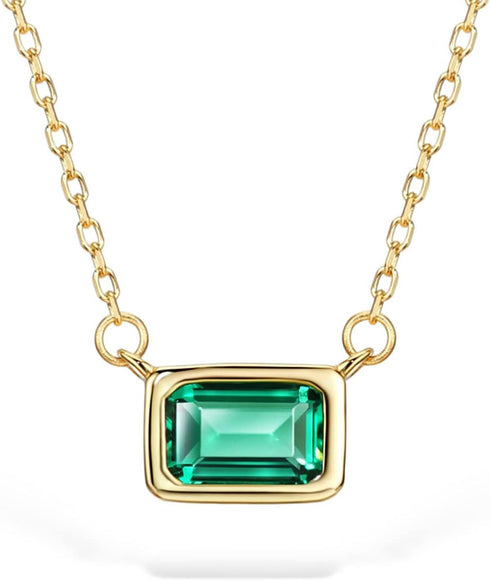 S925 1.2ct Lab-created Emerald Pendant Necklace for Women 18K Gold Plated Sterling Silver Solitaire Birthstone Necklace for Women...
