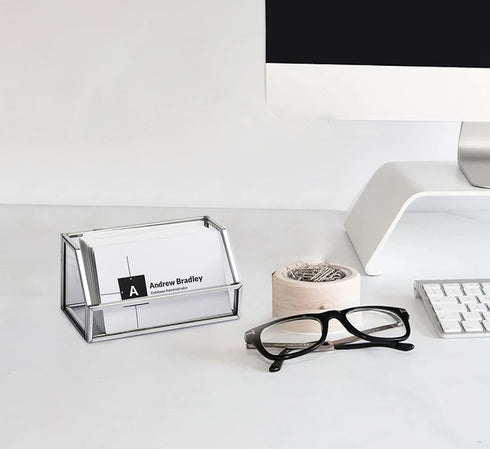 Feyarl Glass Business Card Holder Stand Gold Office Name Card Display Business Card Organizer Storage for Office Desktop Countertop (Silver)...