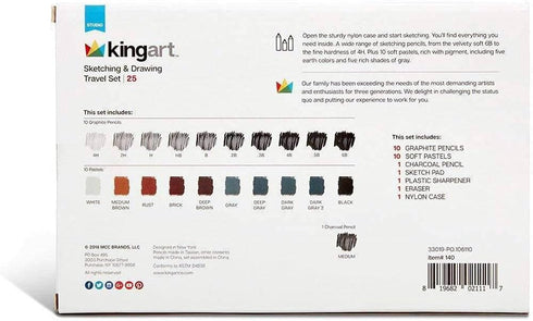 KINGART 140 DRAWING & SKETCHING 25 pc. TRAVEL SET, Graphite, and Charcoal Pencils & Pastels plus Supplies, Art Drawing Kit for Adults, Teens, Begi...