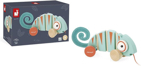 Janod - Tropik Pull-Along Chameleon - Wooden Early-Learning Toy - Silent Wheels - Educational Walking and Balancing Toy - Water-Based Paint - 1 Ye...