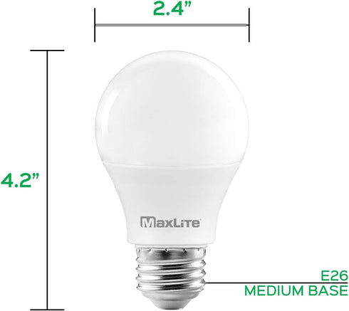 MaxLite A19 LED Bulb, Enclosed Fixture Rated, 60W Equivalent, 800 Lumens, Dimmable, E26 Medium Base, 5000K Daylight, 4-Pack...