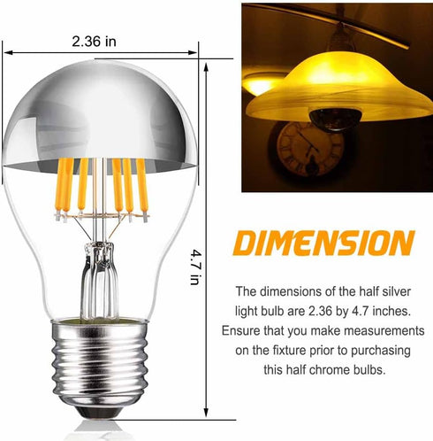 Half Chrome Light Bulb, 6W (60 Watt Equivalent) Dimmable Silver Tipped Light Bulb, A19 A Shape Decorative LED Bulb, 2700K Warm White LED Edison Bu...