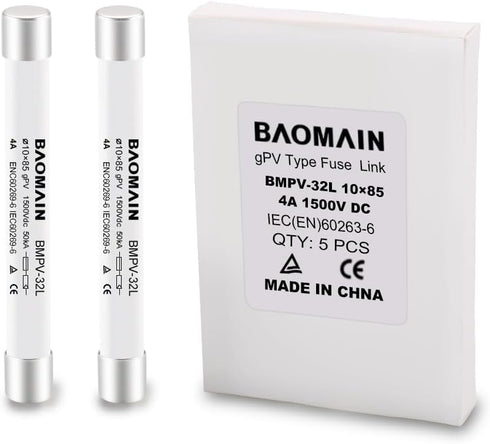 Baomain 1500VDC Solar PV Fuse, gPV-Type Fuse Link, Wire Fusible 10 x 85 mm 50kA Photovoltaic Fuses, BMPV-32L CE Pack of 5 (4 Amp.)...
