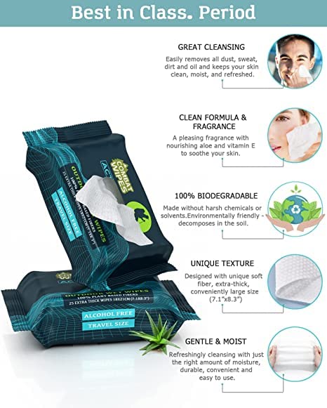 Combat Wipes ACTIVE Outdoor Wet Wipes - Extra Thick Camping Gear, Biodegradable, Body & Hand Cleansing/Refreshing Cloths for Backpacking & Gym w/N...
