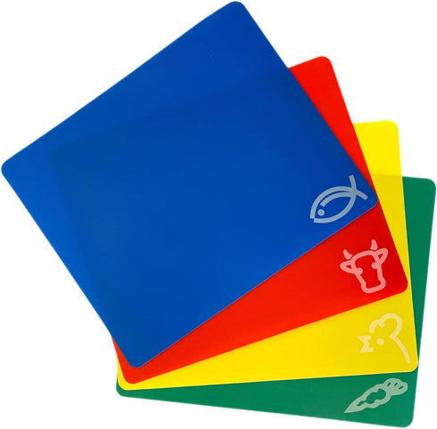 4pc Cutting Boards Flexible Plastic Color Coded Mats Food Icons Meat Vegetable Fish Chicken Chopping Small Busy Kitchen Countertops Catering Thank...