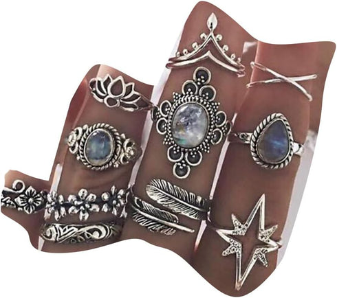 11 Pcs Bohemian Stackable Joint Knuckle Ring Set Carved Flower Star Leaf Gemstone Midi Ring Vintage Finger Rings for Women...