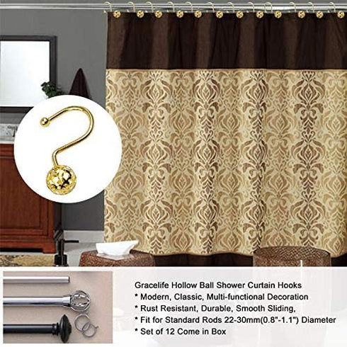 12Pcs Hollow Ball Shower Curtain Hooks Luxury Quality Rustproof Stainless Steel Shower Curtain Rings Hooks for Bathroom Rod (Gold)...