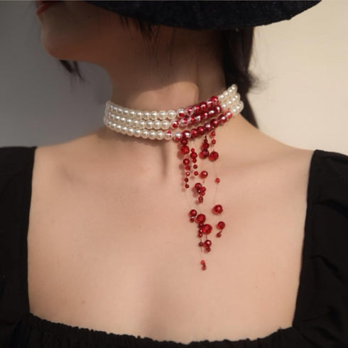 Dripping Blood Choker Imitation Pearls Halloween Party Necklace Gothic Vampire Party Costume...