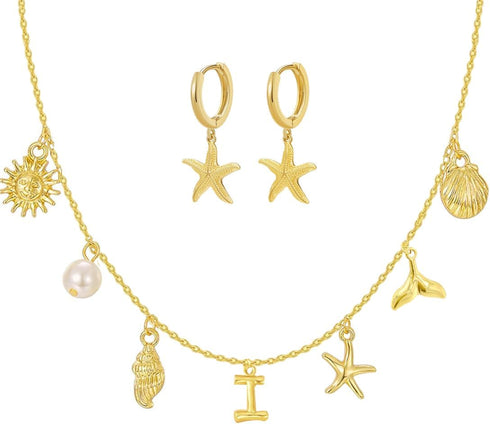 SUNNYOUTH Initial Charm Necklace for Women Seashell Starfish Necklace Gold Charms Pendant Necklace Dainty Summer Beach Necklace...