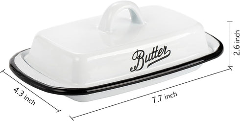 Suwimut Enamelware Butter Dish with Lid, Farmhouse White Butter Dish Vintage Style Black Rim Enamel Butter Container with Cover, Metal Butter Keep...