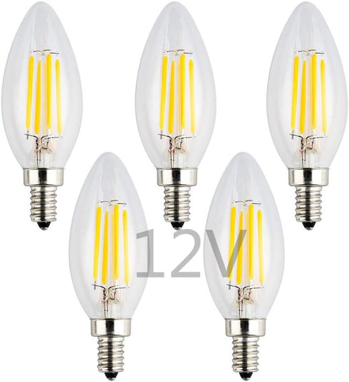 12V/24V DC LED Candle Bulb, Dimmable with 12V DC Dimmer, 4W 400Lm, 2700K Warm White Light, E12 Small Base, Clear Glass Torpedo Tip, 40W Incandesce...