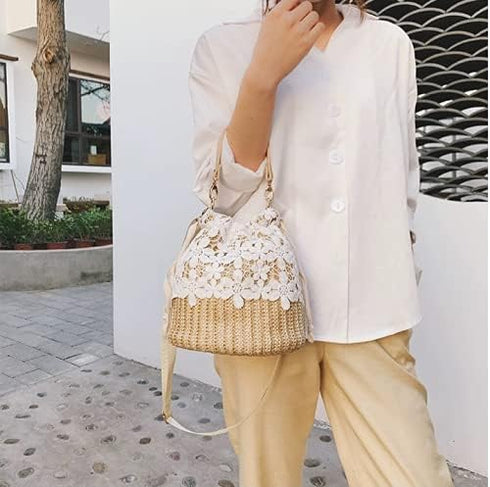 Bamboo Handbag, Beach Purse Bag Half Moon Bag, Straw Lace Woven Travel Sling Bag Shoulder Crossbody Bag for Women...