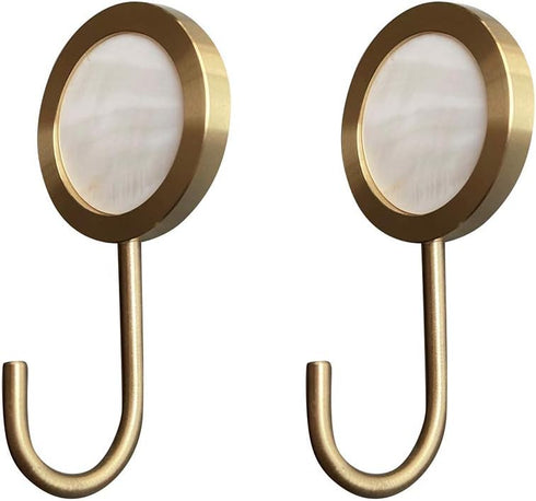 Solid Brass Decorative Wall Hook, Self-Adhesive Hole Free Wall Mount, Shining Gold Fancy Hook (Seashell White–Pack of 2)...
