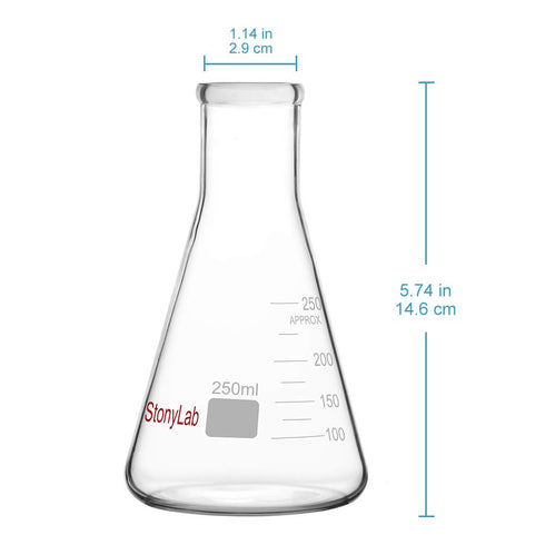 stonylab 1-Pack Glass 250 ml Heavy Wall Narrow Mouth Erlenmeyer Flasks with Heavy Duty Rim - (250ml Fits with StonyLab 7# Rubber Stopper)...
