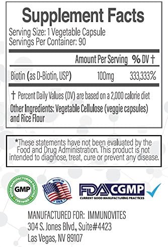 High Dose Biotin (as d-Biotin, USP) 100mg (Equivalent to 100,000mcg) 90 Capsules, High Potency...