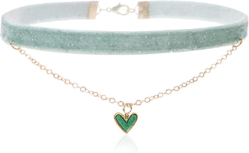 2Pcs Bling Bling Velvet Choker Necklace Set with Heart Pendant - Romantic Pastel Pink and Mint Green - Adjustable Collars for Women...