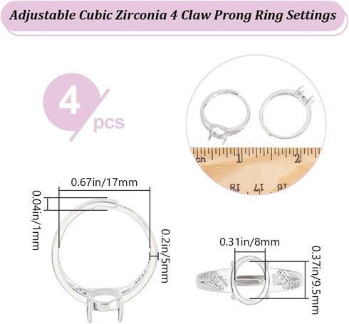 Beebeecraft 1 Box 4Pcs Prong Ring Settings Adjustable 4 Claw Ring Blanks Finger 9.5x8mm Tray Ring Components for Jewellery Making Kit Findings DIY...