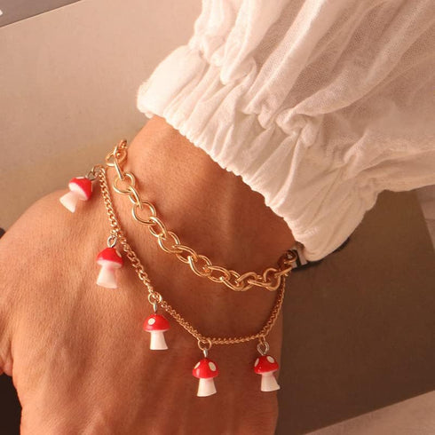 Double Layer Mushroom Bracelet Anklet? Cute Red Mushroom Bracelet Combination Bracelet Anklet Jewelry for Women...