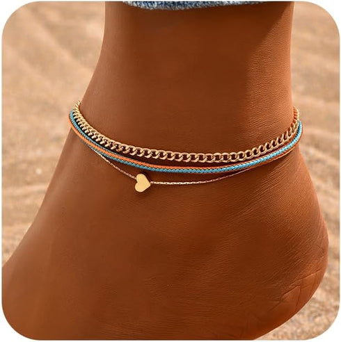 Layered Ankle Bracelets Heart Anklets for Women Waterproof Dainty Gold Anklet Braid Rope Foot Chain Link Summer Beach Sandal Foot Jewelry...