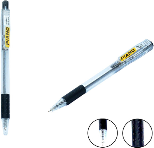 PIANO Comfort Grip Retractable - Needle Ballpoints Pens Black Pointer,0.8 mm - Pack of 10...