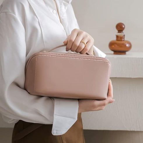 Large-Capacity Travel Leather Makeup Bag Cosmetic Bag Waterproof Portable Makeup Case Organizer Toiletry Bag Makeup Box for Skincare Cosmetics Toi...