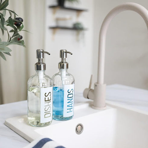 JASAI 2Pack 18OZ Glass Soap Dispenser with Rustproof 304 Stainless Steel Pump, Kitchen Soap Dispenser with Hands & Dishes Label, Refillable Dish S...